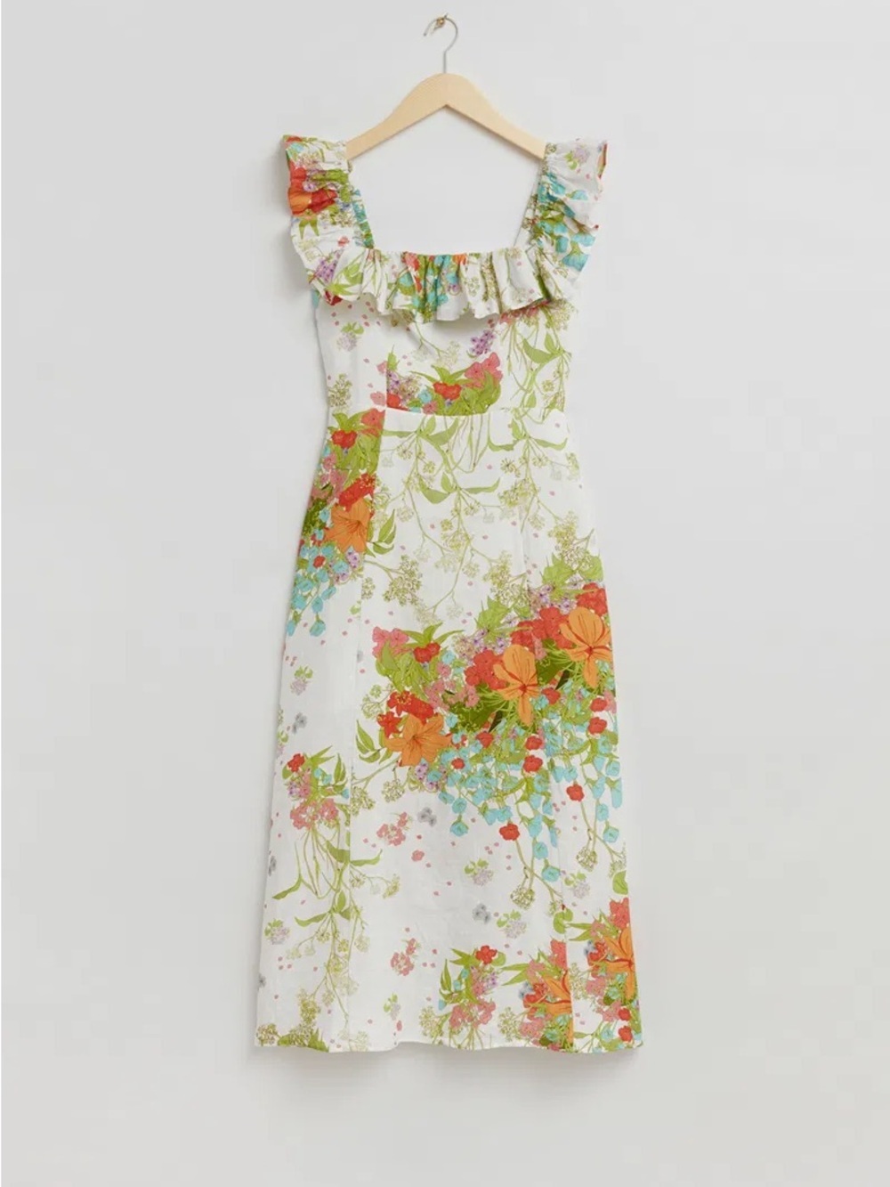 & Other Stories Linen Floral Ruffle-Trim Midi Dress